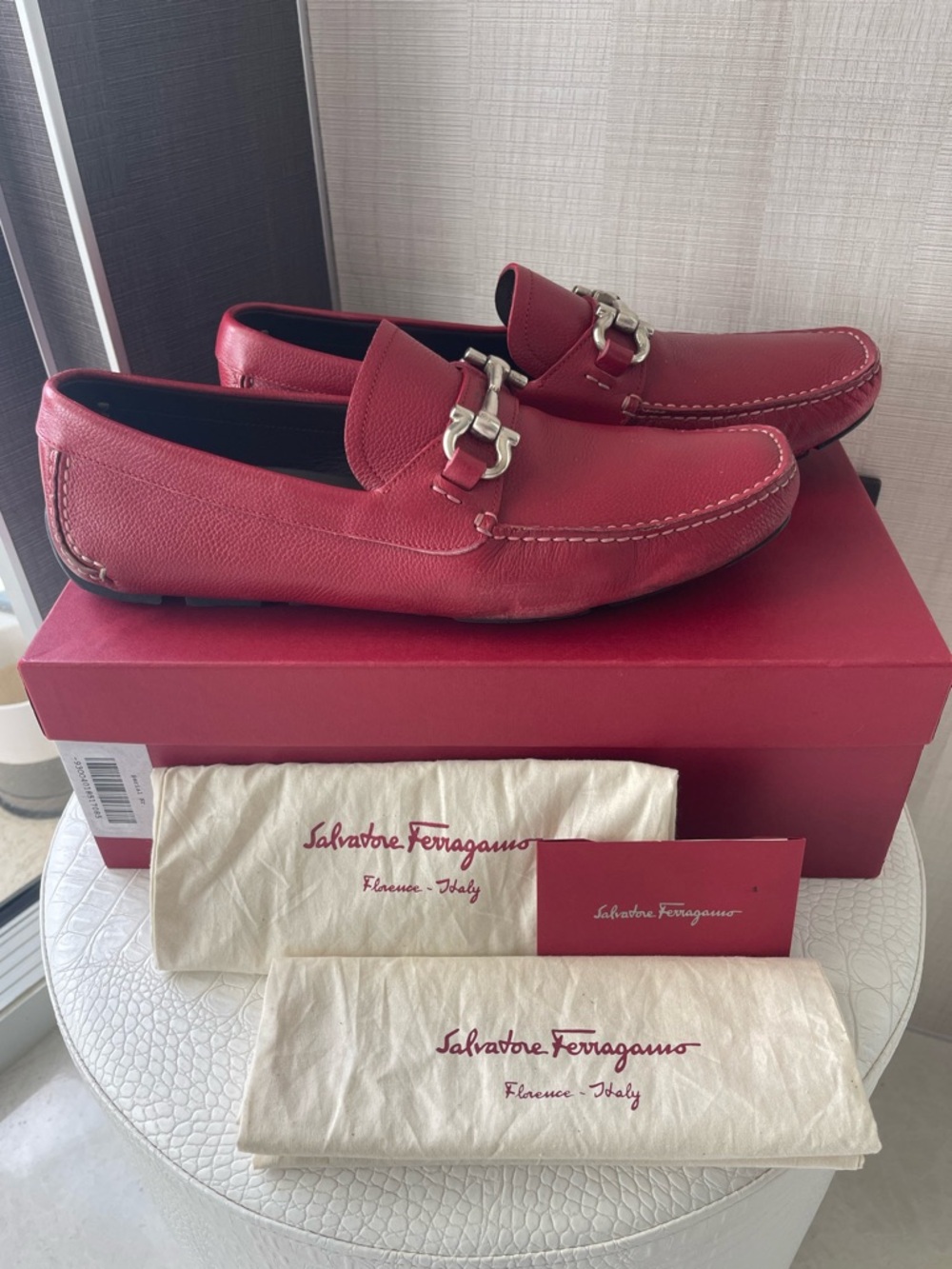 💯 authentic Salvatore Ferragamo Red Leather Bit Slip-On Loafers 👞